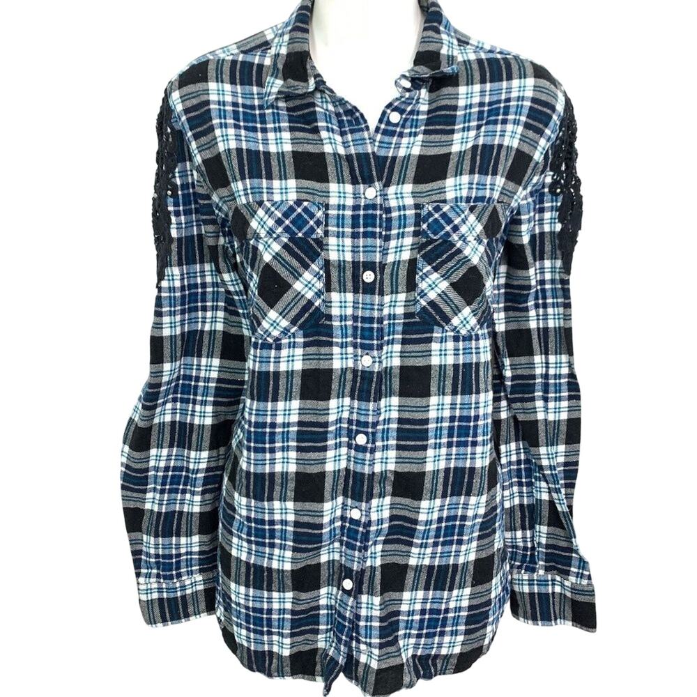 Express Womens Black Plaid Flannel Button Up Top Shirt Whimsigoth Grunge Lace M